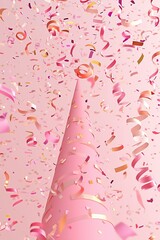 Colorful confetti falling around a pink party hat, creating a festive atmosphere.
