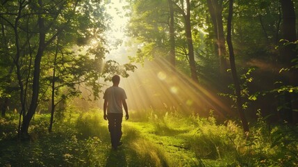 Man Walking in a Sunlit Forest Path, bathed in warm sunlight