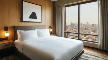 Modern hotel room with a large window showcasing a city view.