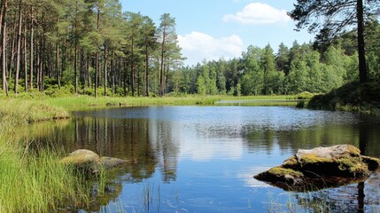 Obraz premium Serene forest lake reflecting clouds and trees during a sunny day in nature