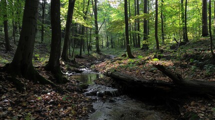 Fototapeta premium A tranquil forest stream meanders through vibrant autumn foliage in early morning light