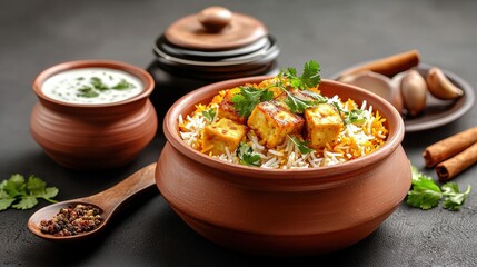 Paneer biryani served in a traditional clay pot with a side of cooling raita, perfect for an Indian festive meal.