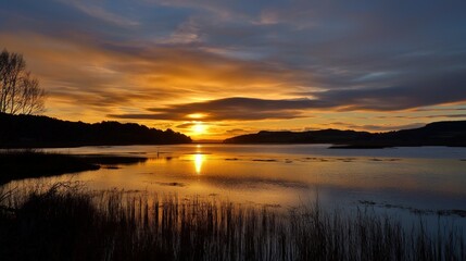 A tranquil sunset over the serene lake reflecting golden hues in the evening sky