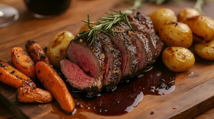 polędwica wołowa, wolno pieczone, czerwone wino, redukcja, rozmaryn, czosnek, pieczone ziemniaki, karmelizowane szalotki, deska do serwowania, rustykalna kuchnia, pieczone mięso, polędwica, wołowina, 
