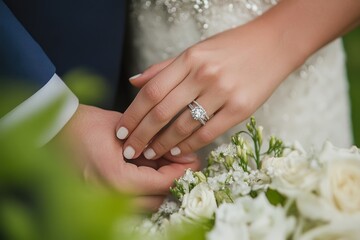 A close-up shot of the bride's hand with her wedding ring and the groom's hands, showcasing their rings on top of each other while holding flowers in an outdoor setting Generative AI