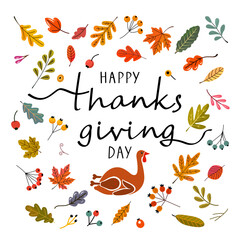 Fototapeta premium Congratulatory autumn banner Happy Thanksgiving Day. lettering and autumn leaves. flat vector illustration on white background