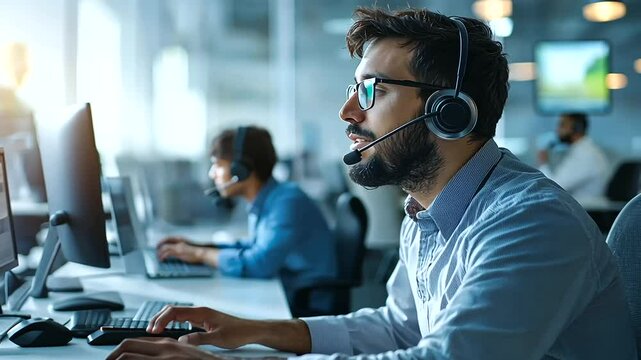 dedicated customer support agent engaged in resolving issues on a desktop PC, surrounded by office equipment, showcasing the role of technology in providing effective customer service