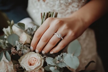 Close-up of the bride's hand with her engagement ring, and the groom holding hands, showcasing their wedding rings on top of an elegant bouquet of flowers Generative AI