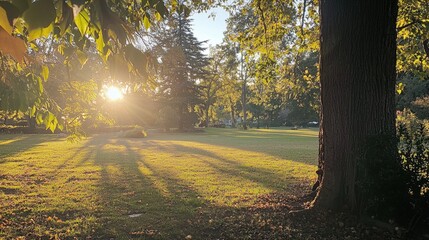 Obraz premium Golden sunlight filters through trees, casting long shadows on a serene park lawn at sunset