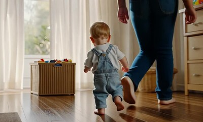 A young child joyfully takes their first steps across the warm wooden floor of a bright living room, while a proud parent looks on, celebrating this milestone