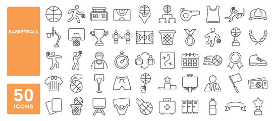 Set of 50 line icons related to basketball, hoop, shoot, basket, dribbling, court, throw, slam, competition, match, Editable stroke. Vector illustration