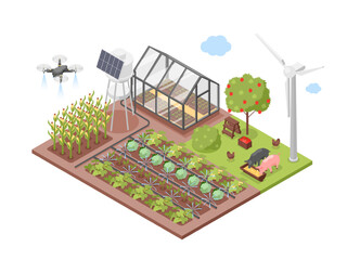 Smart farm isometric scene. Agricultural complex with modern solar system, windmill and drone for watering. Modern technologies in farming flawless vector concept © MicroOne