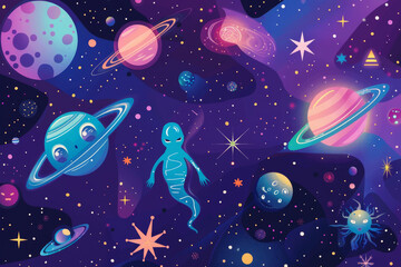 A colorful space scene with a blue ghost in the middle