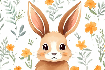 Fototapeta premium A rabbit with big eyes and a cute face is sitting in a field of flowers