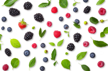Top view of berries, blackberries and raspberries on transparent background