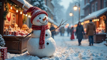 Happy Snowman at the Entrance of a Christmas Market, Winter Holiday Decoration