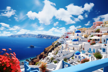 Naklejka premium generated illustration of santorini island with white houses and blue domes churches seaview