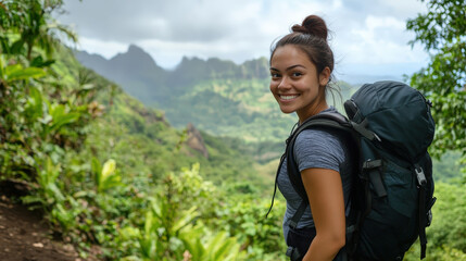 Naklejka premium Smiling woman hiker with backpack exploring tropical mountain landscape