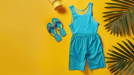Blue Summer Outfit with Palm Leaves.