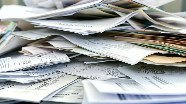 chaotic pile of paperwork and accounting documents, emphasizing the administrative clutter and finance-related bureaucracy. The copy space allows for customization or text overlay
