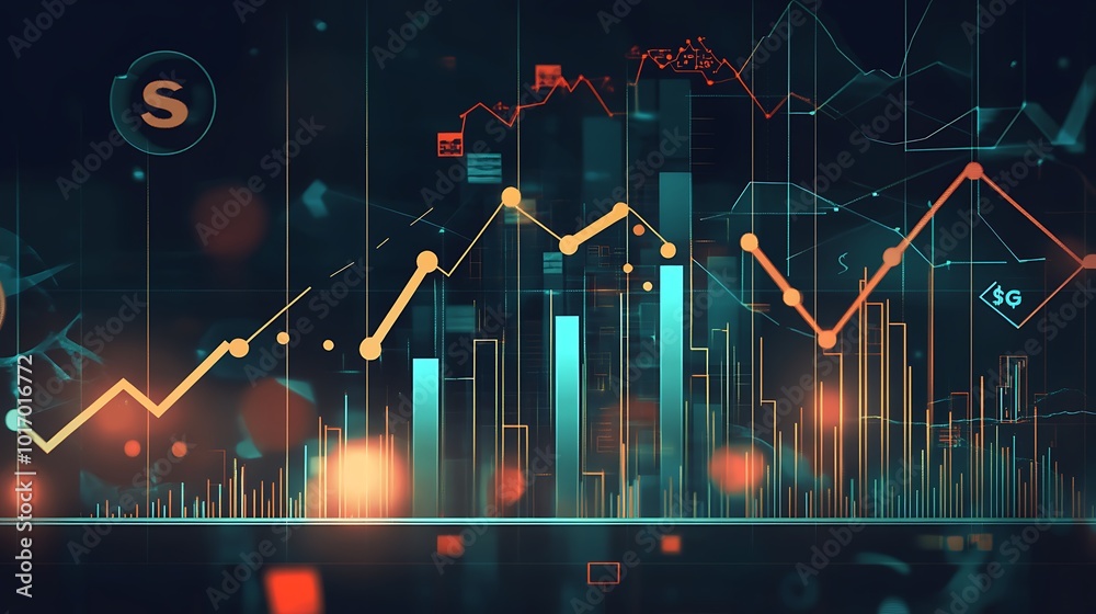 Aufkleber Abstract futuristic financial data visualization with colorful lines and graphs against a dark background.