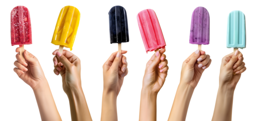 Collection set of hand holding colourful Ice popsicle lolly popsicle lolly ice cream on transparent background cutout, PNG file. Many different flavour. Mockup template for artwork graphic design