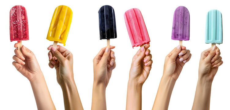 Collection set of hand holding colourful Ice popsicle lolly popsicle lolly ice cream on transparent background cutout, PNG file. Many different flavour. Mockup template for artwork graphic design