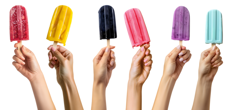 Collection set of hand holding colourful Ice popsicle lolly popsicle lolly ice cream on transparent background cutout, PNG file. Many different flavour. Mockup template for artwork graphic design