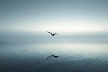 Fototapeta premium Serene Flight Over Tranquil Waters at Dusk