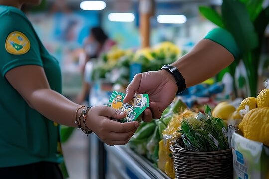 Realistic scene of a person paying for someoneâ€™s groceries in line, capturing the quiet generosity of everyday altruistic acts