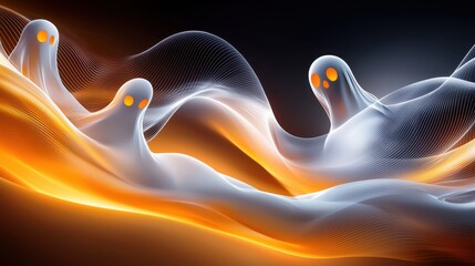 A dynamic Halloween abstract background with swirling lines and overlapping ghostly figures, evoking a sense of movement and chaos.