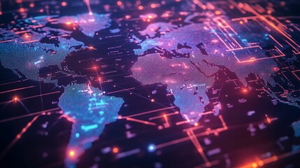 Obraz premium Digital World Map with Interconnected Lines and Nodes