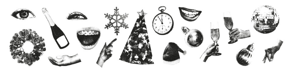 Trendy halftone photocopy stipple effect elements. Christmas New year grunge punk grain dotted collage art. Mouths, eyes, hands, decorated tree, ornaments, champagne. Modern retro vector illustration © ugguggu