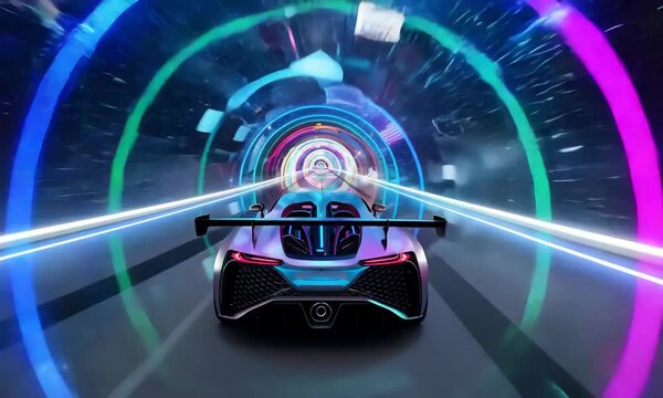 3D Electric Car Driving on High Speed, Racing Through a Colorful Tunnel. Transparent chassis showing its interior. VFX Animation. Electromobility