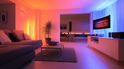 Fototapeta premium A modern living room with vibrant lighting and a cozy atmosphere.
