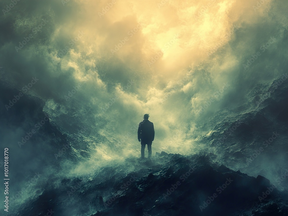 Canvas Prints Silhouette of a Man on a Mountaintop with Fog and Clouds