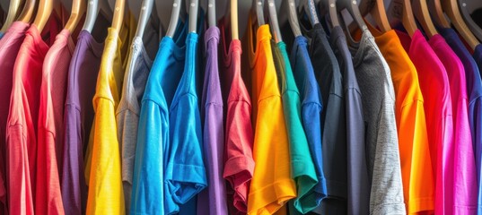 Closet full of assorted clothes in a rainbow of colors hanging on hangers.