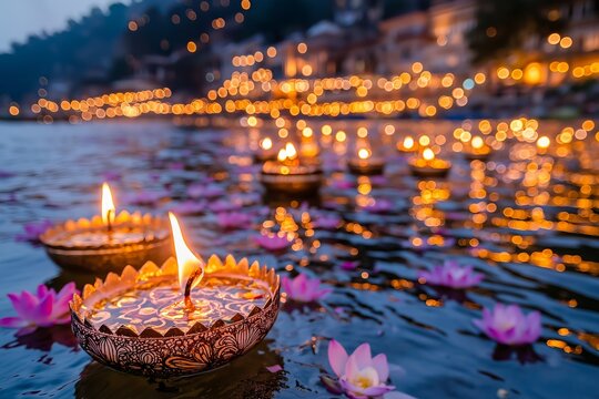 A Panoramic View of the Ganges River During an Evening Aarti Ceremony, With Hundreds of Lamps Floating on the Water