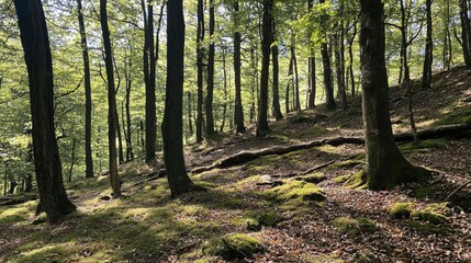 Obraz premium A tranquil forest path bathed in morning light with lush greenery and mossy ground