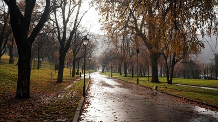 Autumn rain glistens on a tranquil park path surrounded by golden leaves in the morning light