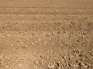 A farm field with newly ploughed soil ready for planting a large log in sunny weather. Background texture