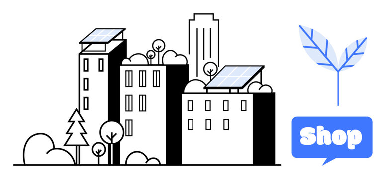 Cityscape with buildings fitted with solar panels. Trees and bushes surround the structures. A speech bubble displays shop nearby. Ideal for green living, sustainability, urban planning, eco-friendly