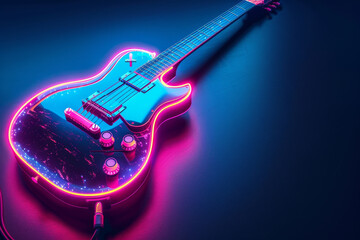 A neon guitar with a blue body and red strings