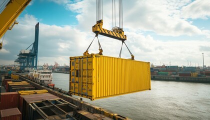 A yellow shipping container being lifted by a crane at a busy port.