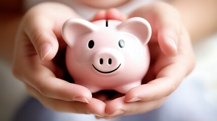 Close-up of a classic pink piggy bank being held securely in the hands of an adult
