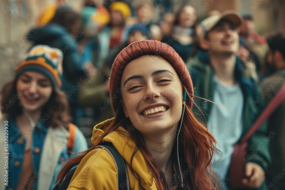 Canvas Prints Portrait of a smiling young woman with a backpack in the city