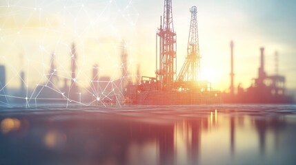 Obraz premium Industrial oil rigs at sunset with a digital network overlay.