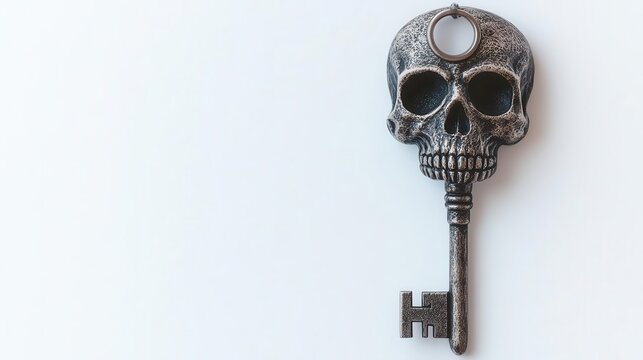 A skeleton key with a skull-shaped top close up   Mysterious and gothic for dark-themed designs   surreal   Fusion   Isolated white background