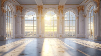 Obraz premium A luxurious marble hall with grand columns and golden details, featuring large windows that provide breathtaking panoramic views, exemplifying classical elegance and unmatched luxury
