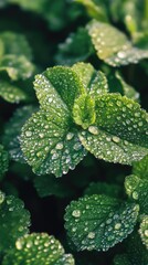 Morning dew on vibrant green leaves in stunning macro detail for your smartphone wallpaper